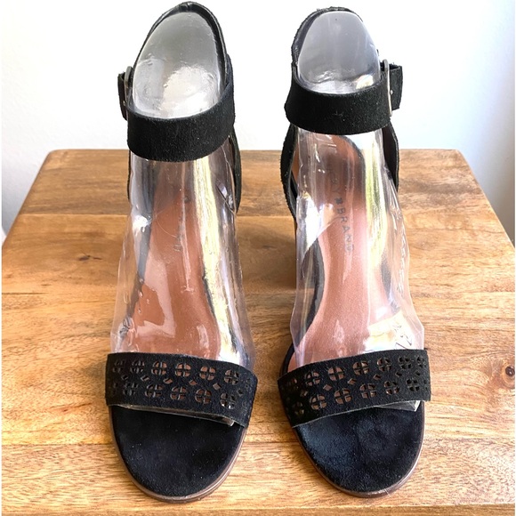 Lucky Brand Odonnah black suede laser cut out ankle strap block heels Size 7 - Picture 2 of 10